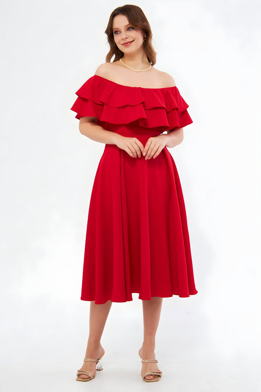 Midi Off-Shoulder Flowy Woven Ruffle-Neck Dress - Red