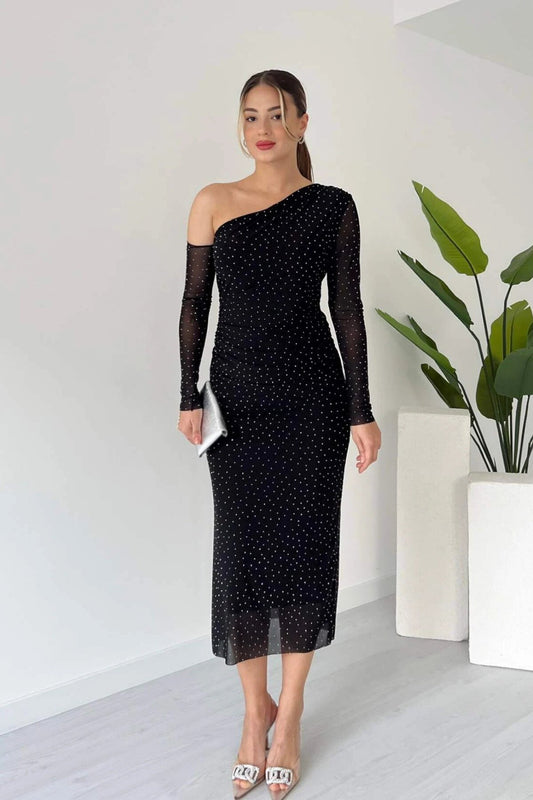 Midi One-Shoulder Tulle Stone-Detail Dress - Black