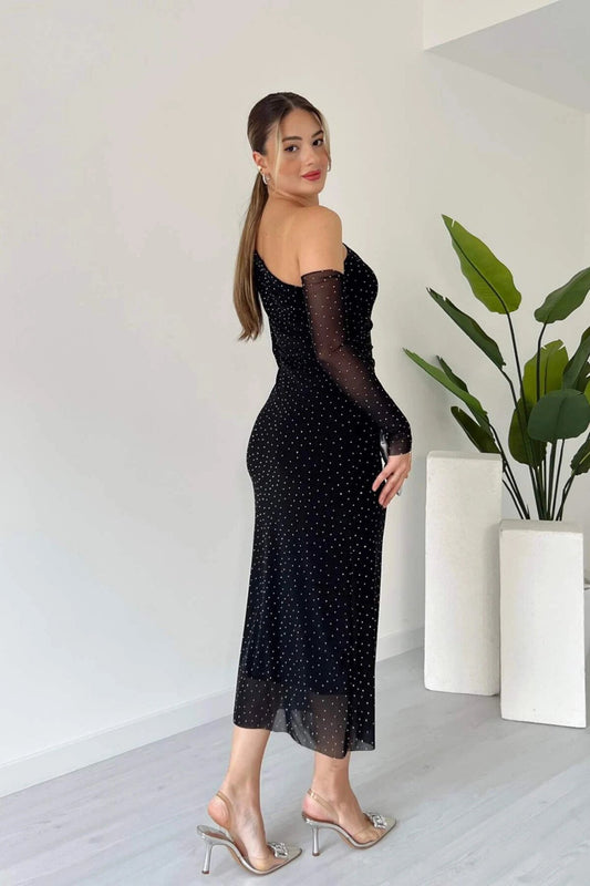 Midi One-Shoulder Tulle Stone-Detail Dress - Black