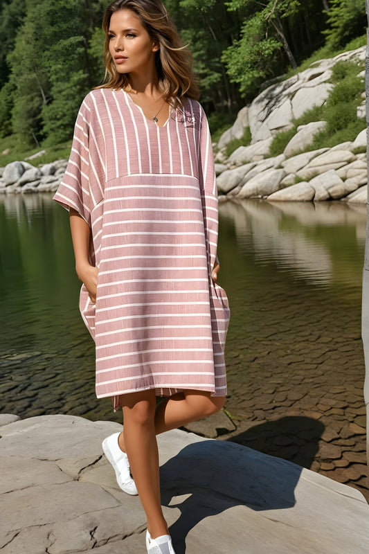 Midi Oversize Striped Linen V Neck Dress - Burgundy/Beige