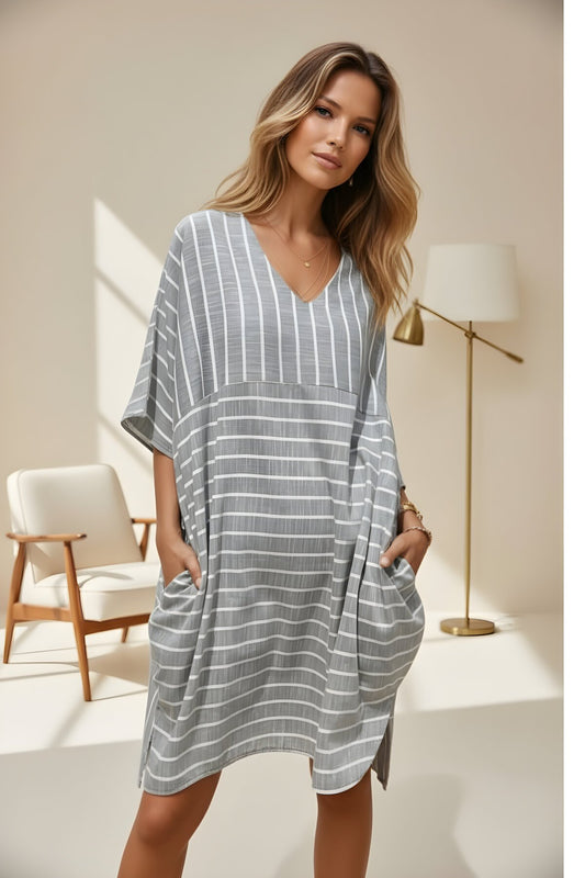 Midi Oversized Striped Linen V-Neck Pocketed Dress - Anthracite