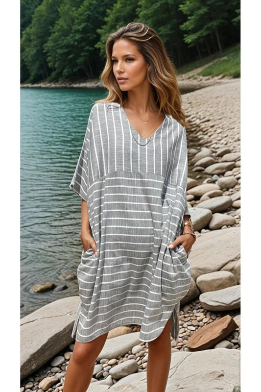 Midi Oversized Striped Linen V-Neck Pocketed Dress - Anthracite
