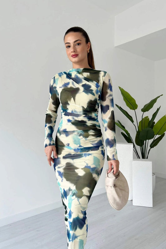 Midi Patterned Draped Tulle Dress - Ecru