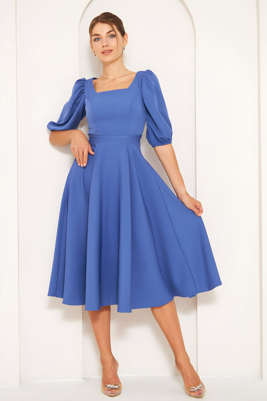 Midi Short Balloon Sleeve Elasticated Denim Square Neck Dress - Blue