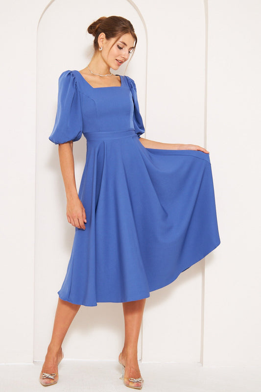Midi Short Balloon Sleeve Elasticated Denim Square Neck Dress - Blue