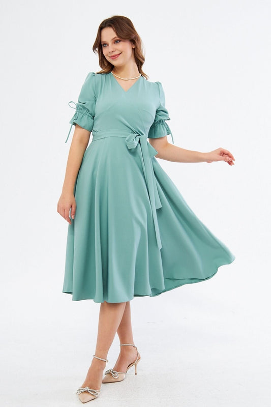 Midi Short Sleeve Wrap Neck Belted Dress - Mint Green