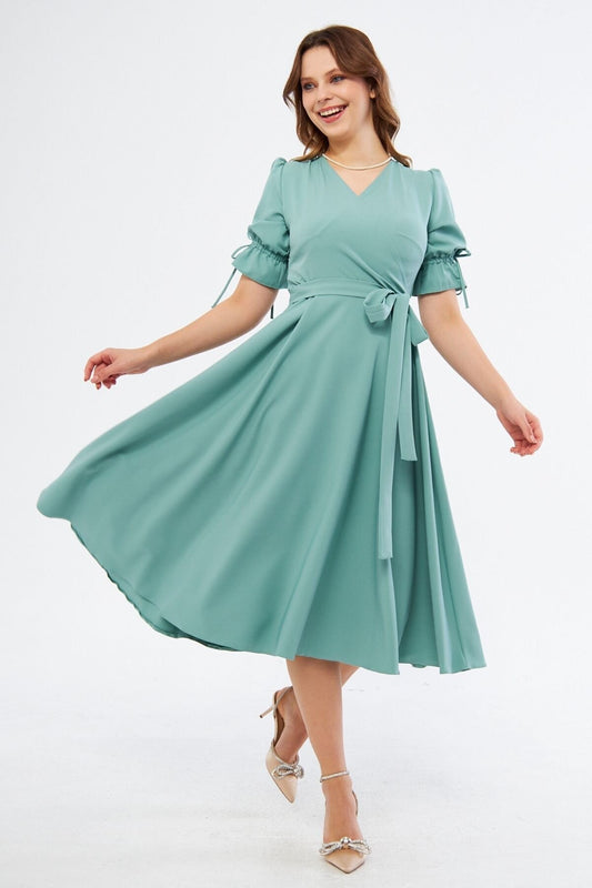 Midi Short Sleeve Wrap Neck Belted Dress - Mint Green