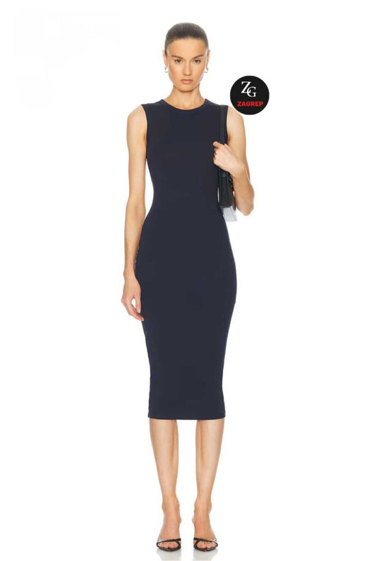 Midi Silk Jersey Lined Crew Neck Dress - Navy Blue