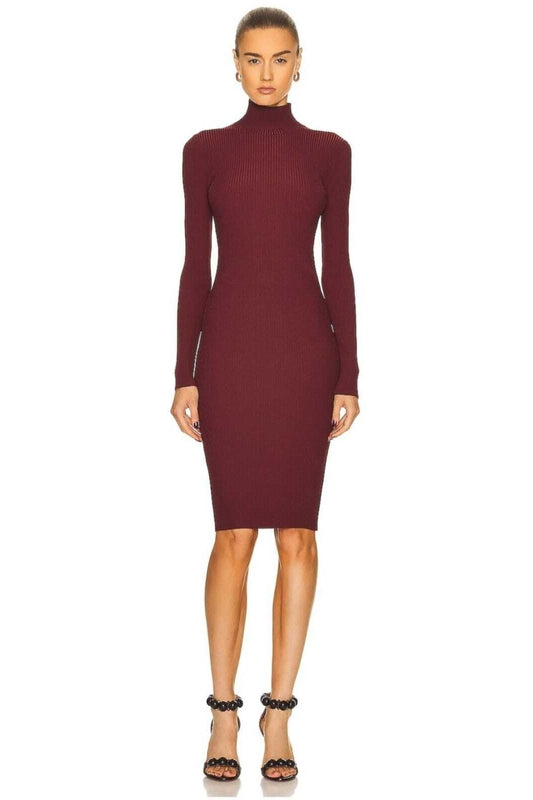 Midi Silk Jersey Mock Neck Dress - Burgundy