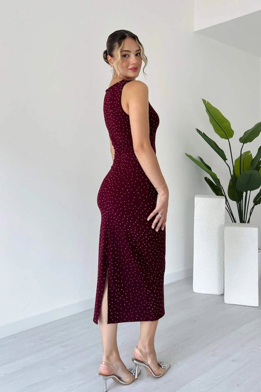 Midi Sleeveless Stone-Embellished Dress - Burgundy