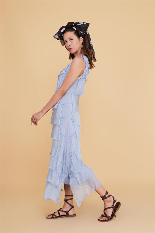 Midi Slimming Italian Tiered Silk Dress - Light Blue