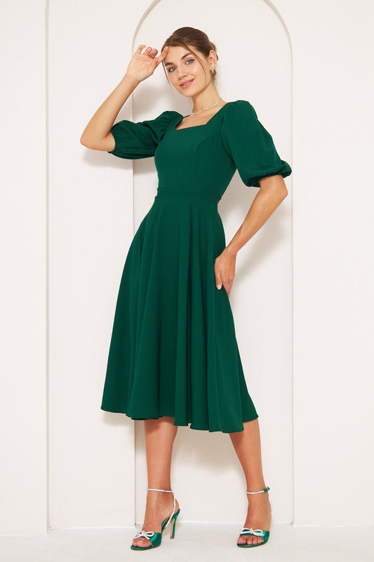Midi Square Neck Balloon Sleeve Dress - Emerald