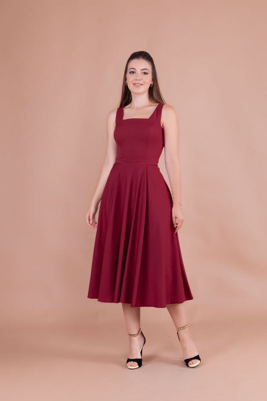 Midi Square Neck Dress - Burgundy