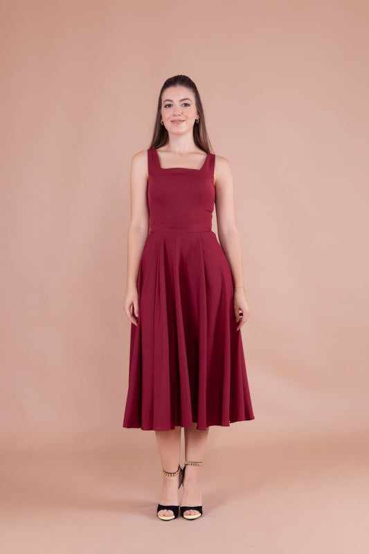 Midi Square Neck Dress - Burgundy