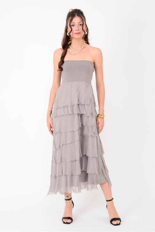 Midi Strapless Layered Silk Dress - Mink