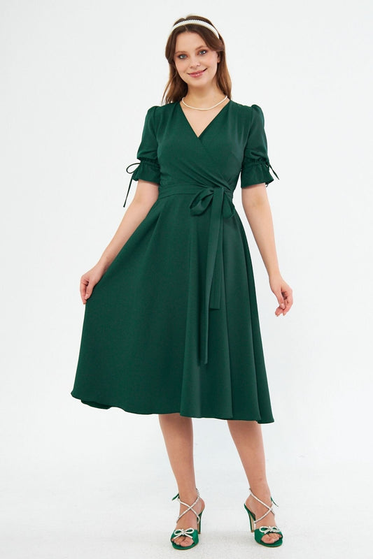 Midi Surplice Neck Ruched Belted Dress - Emerald