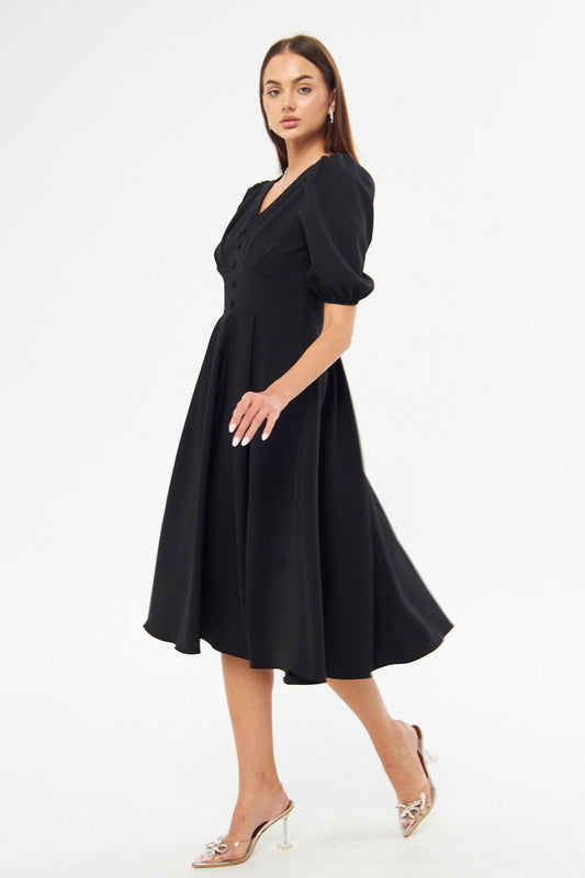 Midi V-Neck Balloon Sleeve Dress - Black
