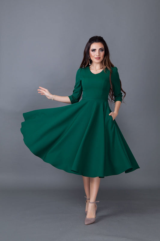 Midi V-Neck Pocket Detail Dress - Emerald