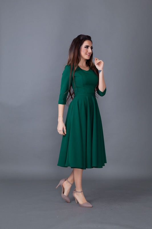 Midi V-Neck Pocket Detail Dress - Emerald