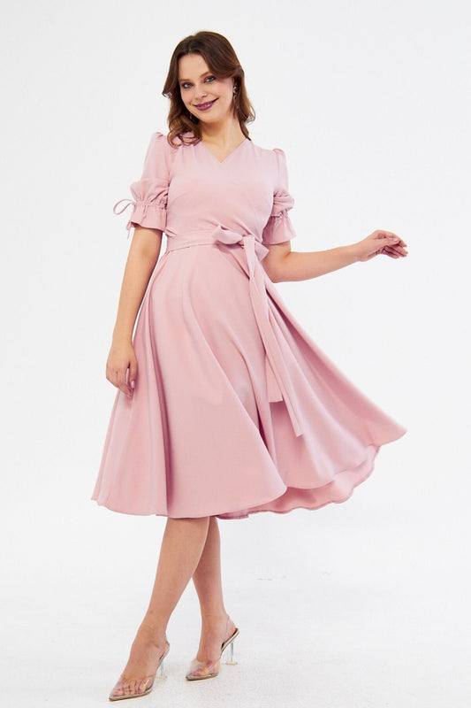 Midi Wrap Neck Ruched Belted Dress - Blush