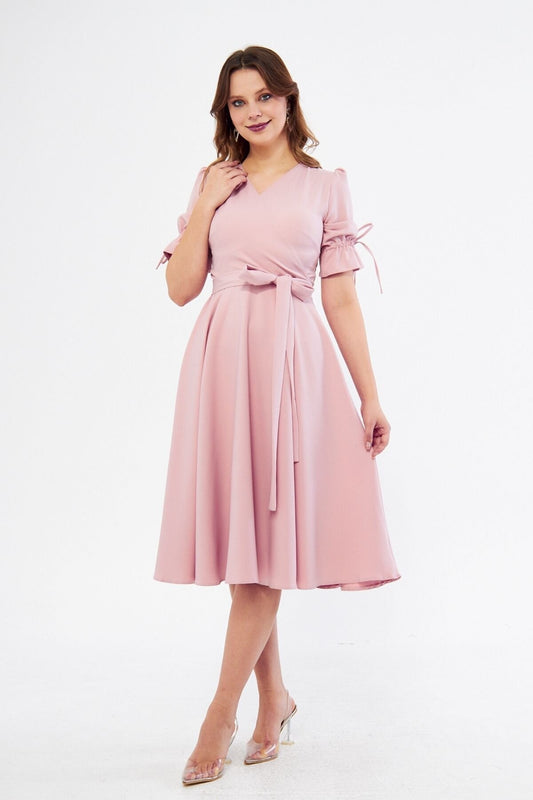 Midi Wrap Neck Ruched Belted Dress - Blush