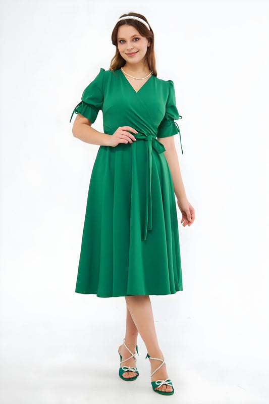 Midi Wrap Neck Ruched Dress - Grass Green