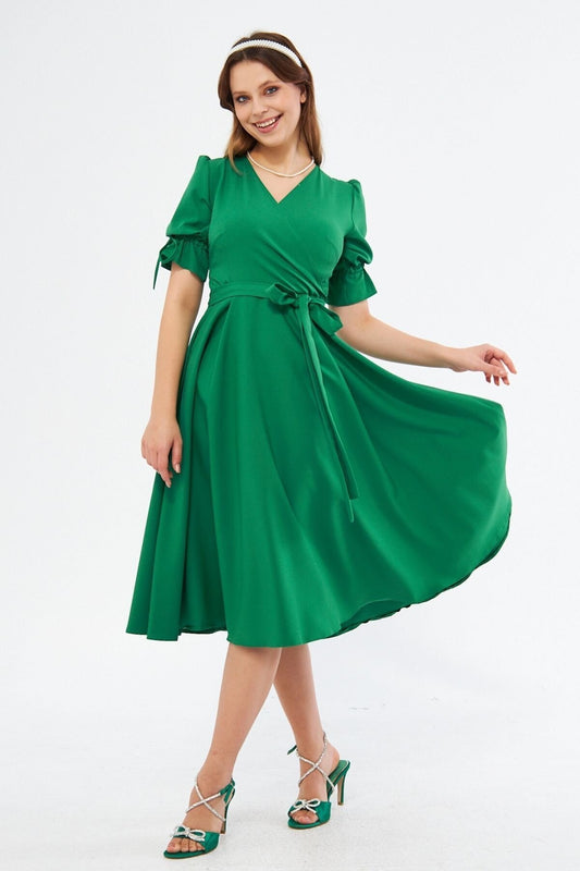 Midi Wrap Neck Ruched Dress - Grass Green