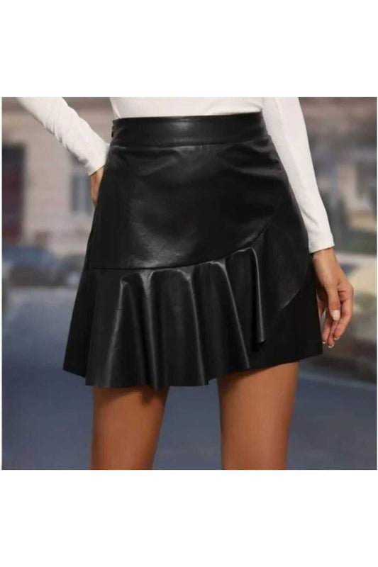 Mini Asymmetrical Faux Leather Ruffled Skirt - Black