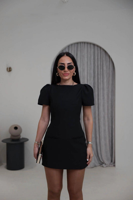 Mini Balloon Sleeve Pocket Detail Dress - Black