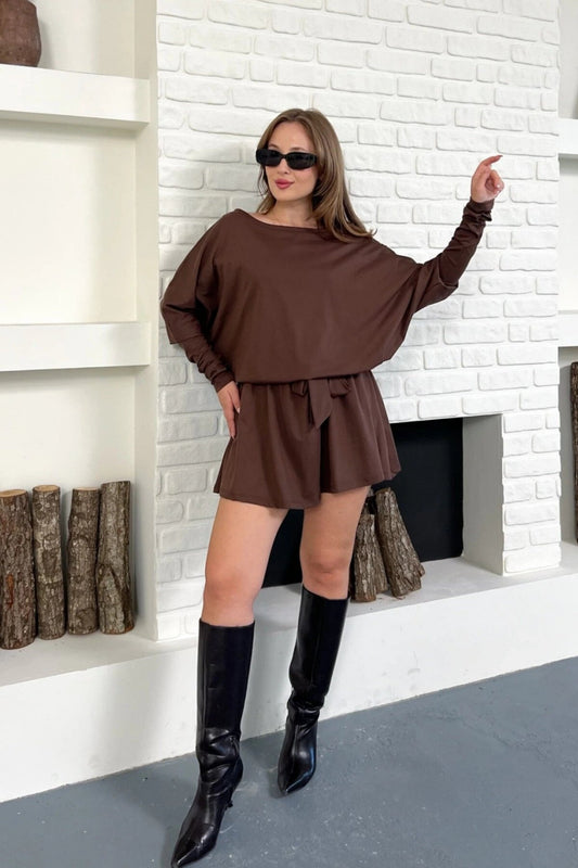 Mini Belted Boat Neck Skort Dress - Brown