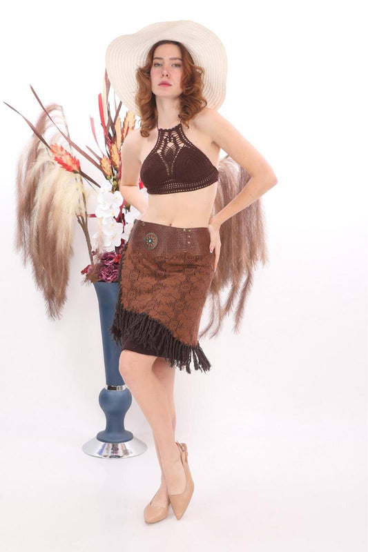 Mini Boho Leather Belted Braided-Detail Skirt - Brown