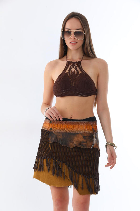 Mini Boho Snake Skin Print Braided Belted Skirt - Camel