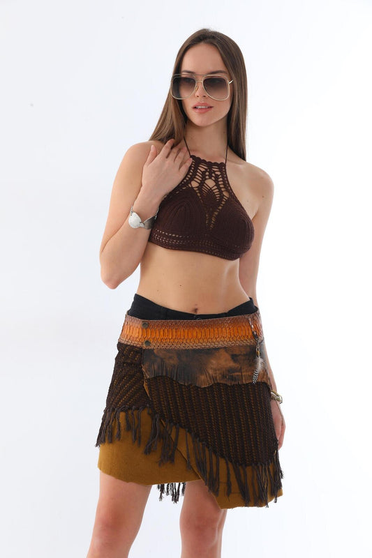 Mini Boho Snake Skin Print Braided Belted Skirt - Camel