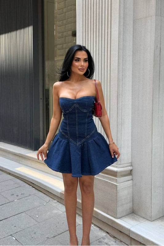 Mini Comfort Lycra Denim Dress - Blue