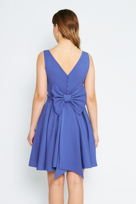 Mini Flared Denim Back-Bow Evening Dress - Blue