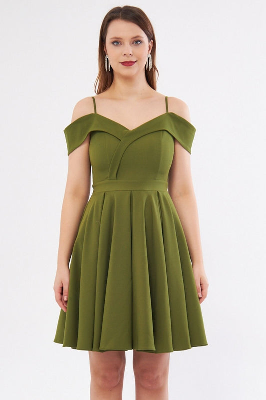 Mini Flared Pleated Strappy Evening Dress - Olive