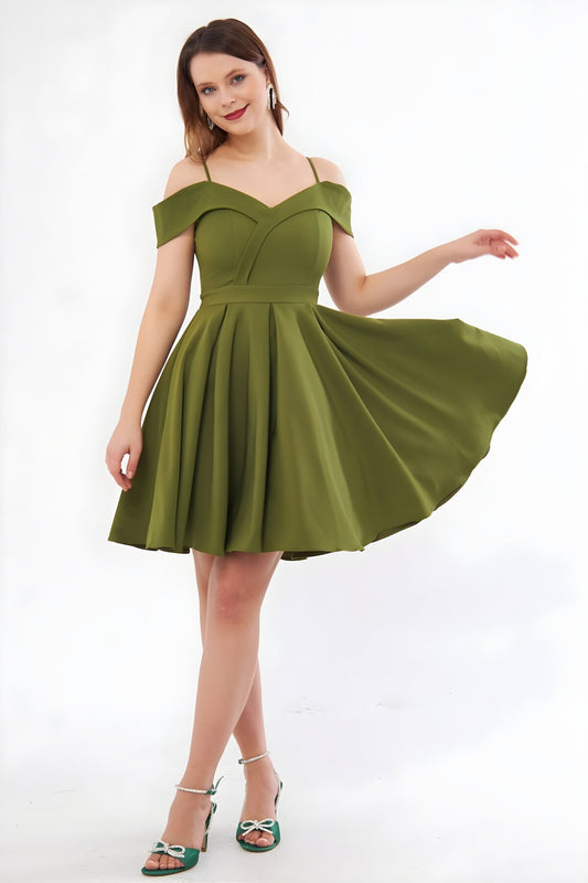 Mini Flared Pleated Strappy Evening Dress - Olive