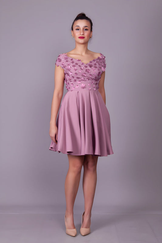 Mini Floral Boat Neck Tulle Detail Evening Dress - Dark Rose