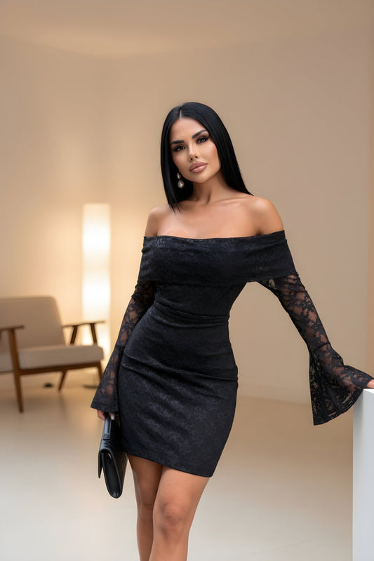 Mini Lace Madonna Neck Evening Dress - Black