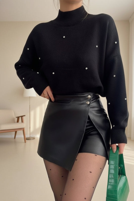 Mini Leather Button-Detail Skort - Black
