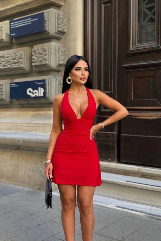 Mini Neck-Tied Backless Sandy Evening Dress - Red