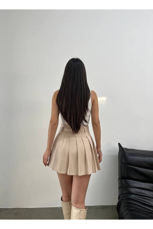 Mini Pleated Belted Skirt - Beige
