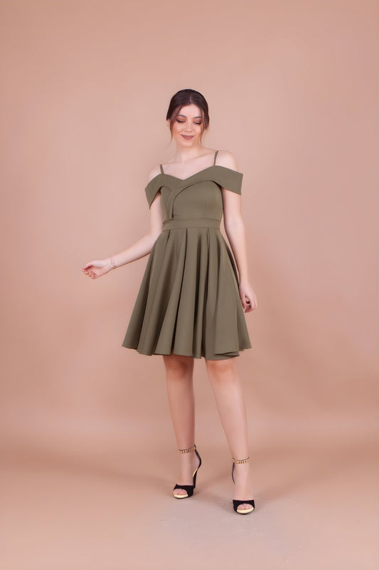 Mini Pleated Off-Shoulder Evening Dress - Khaki