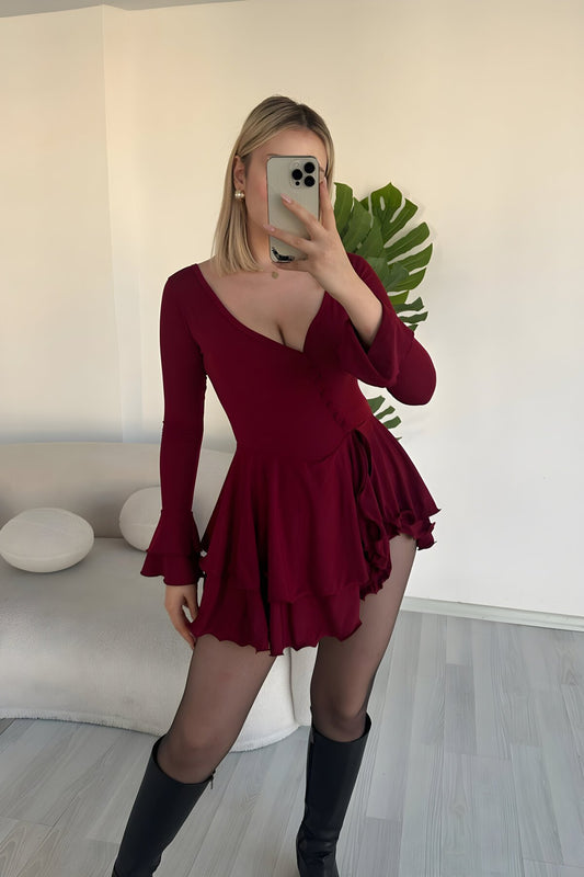 Mini Pleated Skort Bell Sleeve Button Detail Dress - Bordeaux