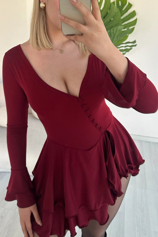 Mini Pleated Skort Bell Sleeve Button Detail Dress - Bordeaux