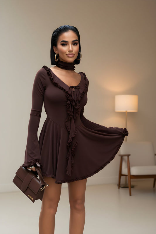 Mini Premium Ruffle-Detailed Spanish Sleeve Dress - Brown