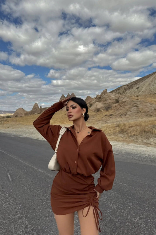 Mini Ruched Skirt Shirt Dress - Brown