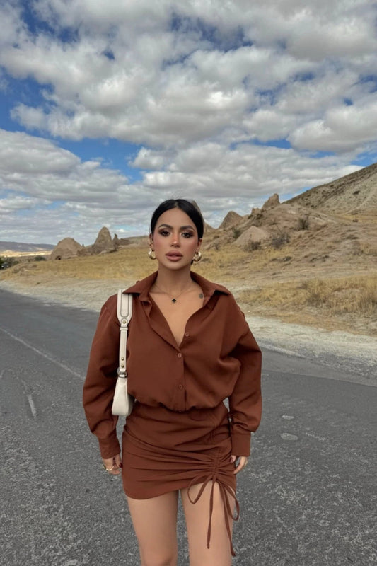 Mini Ruched Skirt Shirt Dress - Brown