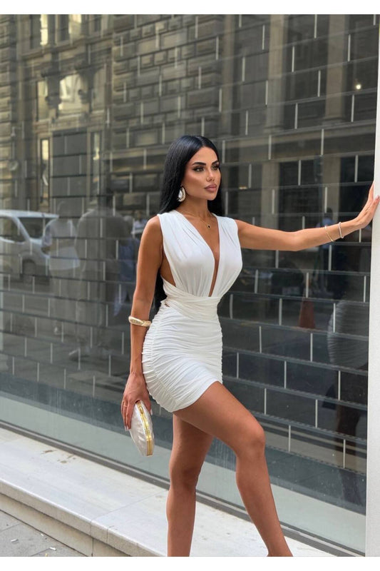Mini Ruched Tie Evening Dress - White