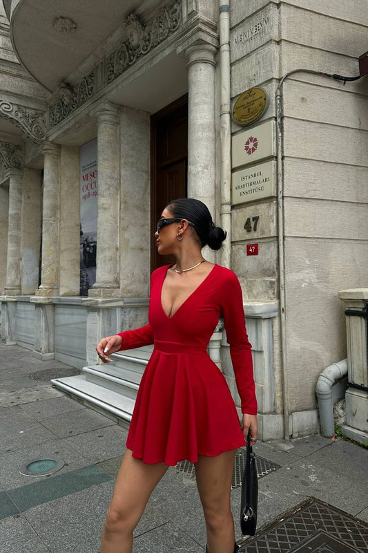 Mini Ruffled Shorts Dress - Red